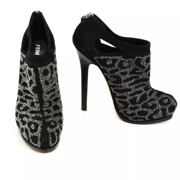 Fendi Size 37 Crystal Embellished Black Suede Platform High Heel Ankle Booties - Picture 7 of 9